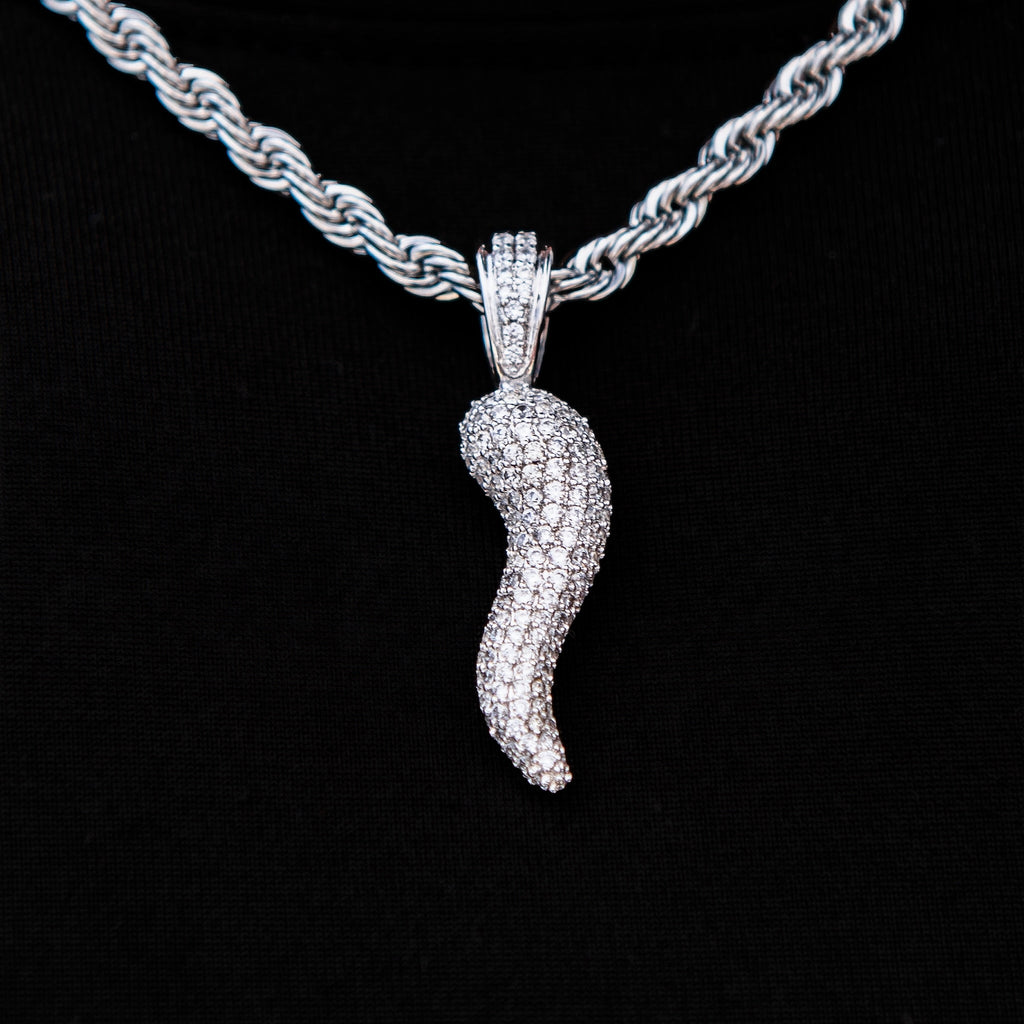 Iced Italian Horn Pendant in White Gold