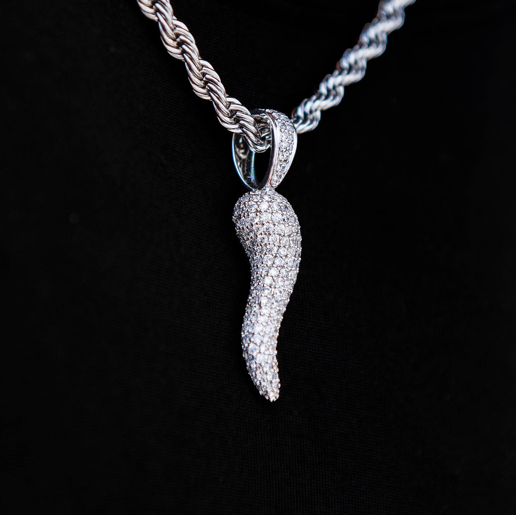 Iced Italian Horn Pendant in White Gold